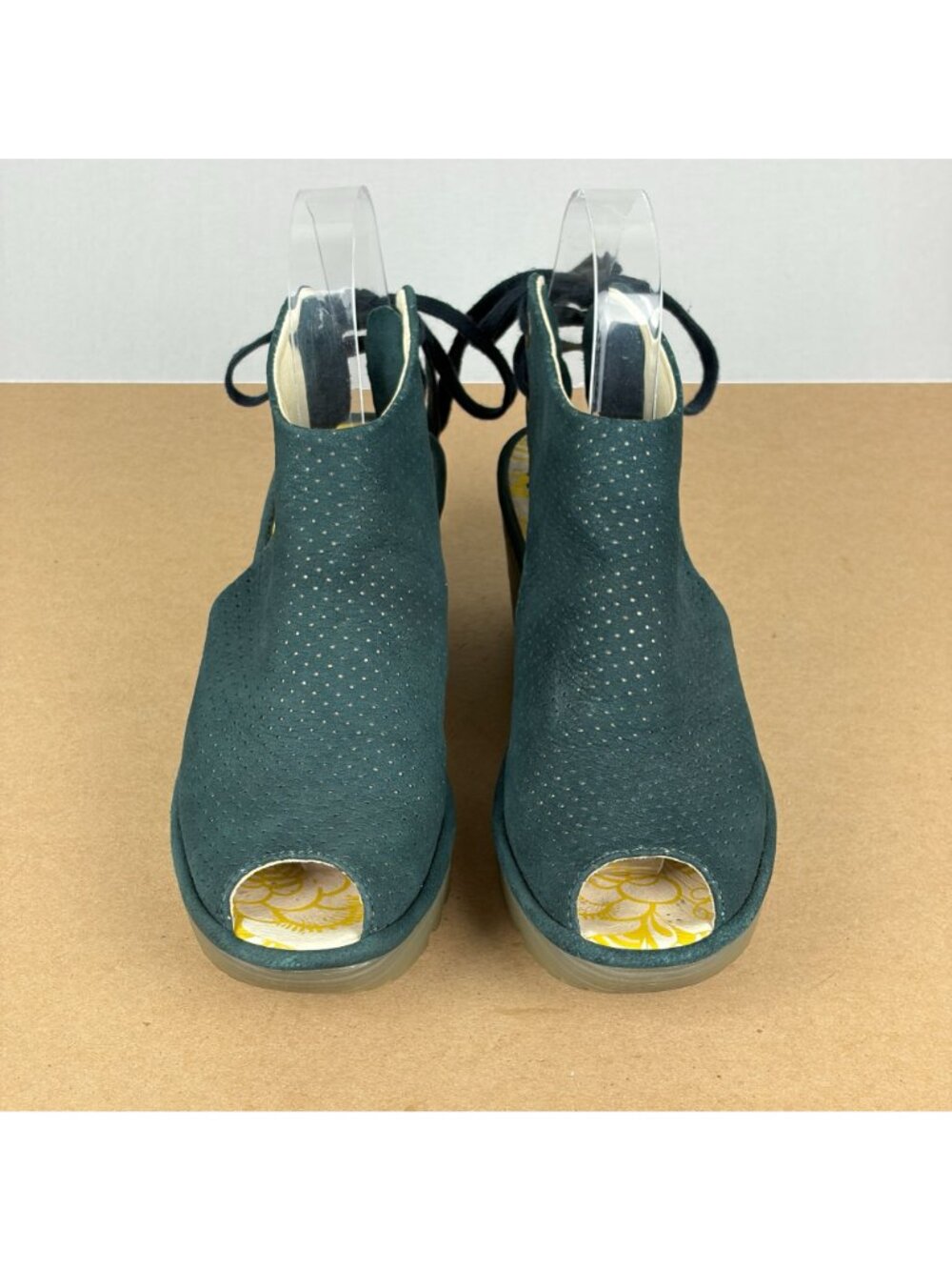 Fly London Yuzu Leather Wedge Sandals Womens 6 EU 36 Dark Green Lace Up Heel - Picture 2 of 10
